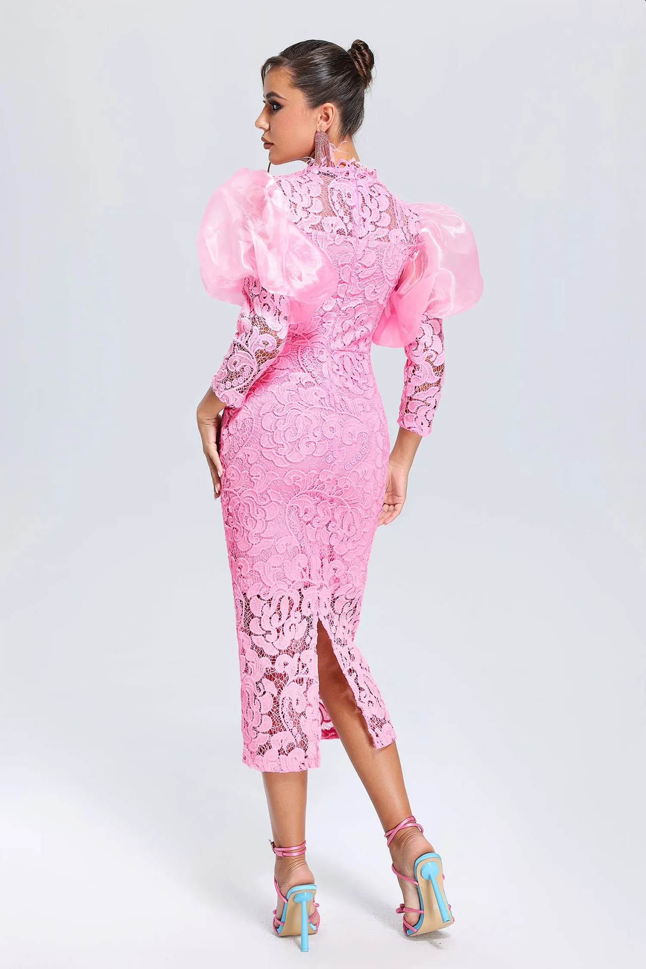 Vercia Puff Sleeve Lace Midi Dress In Pink