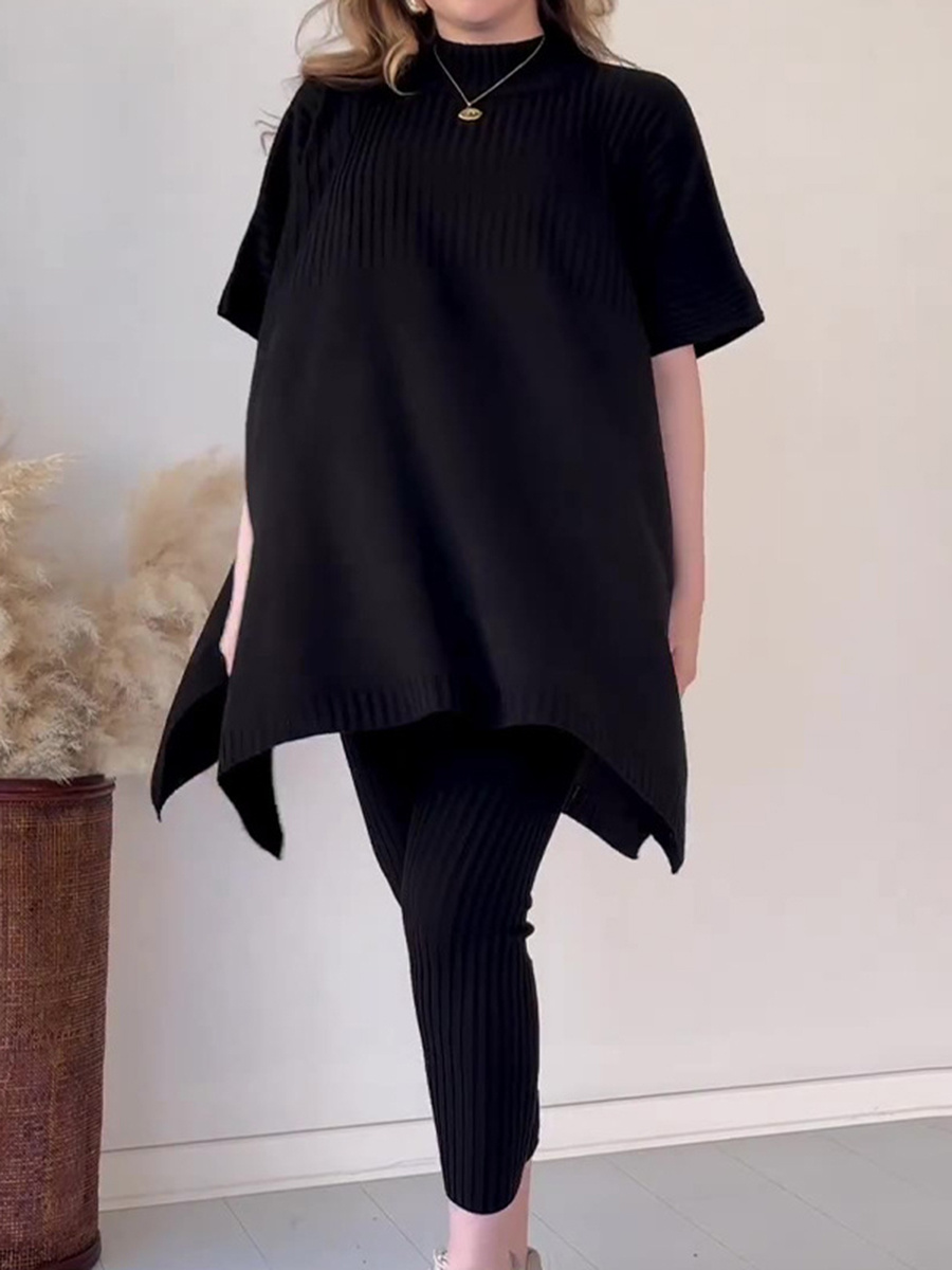 Round neck bat shirt, large size loose knitted sweater casual two-piece set