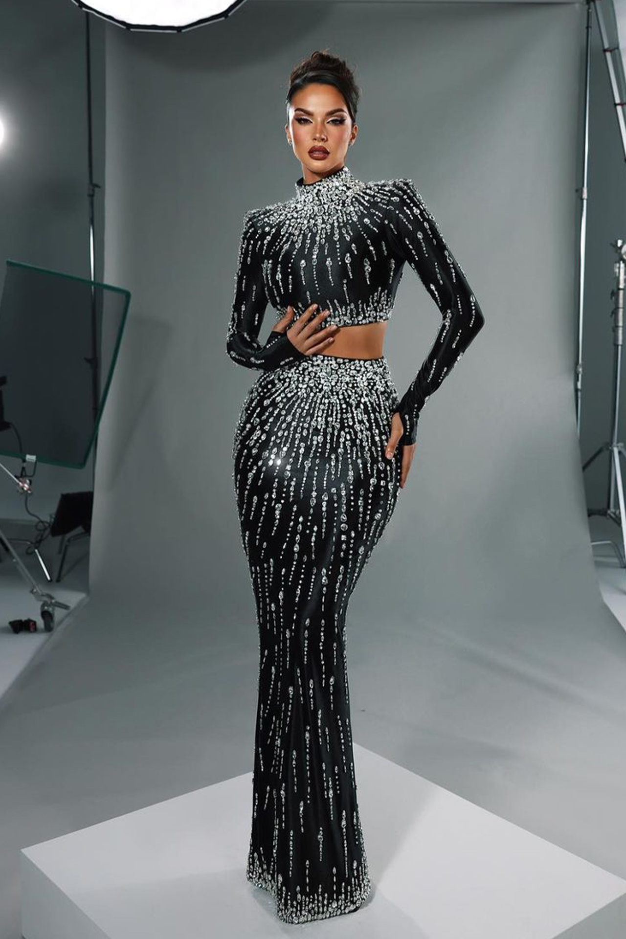 Yara Rhinestone Two Pieces Set In Black