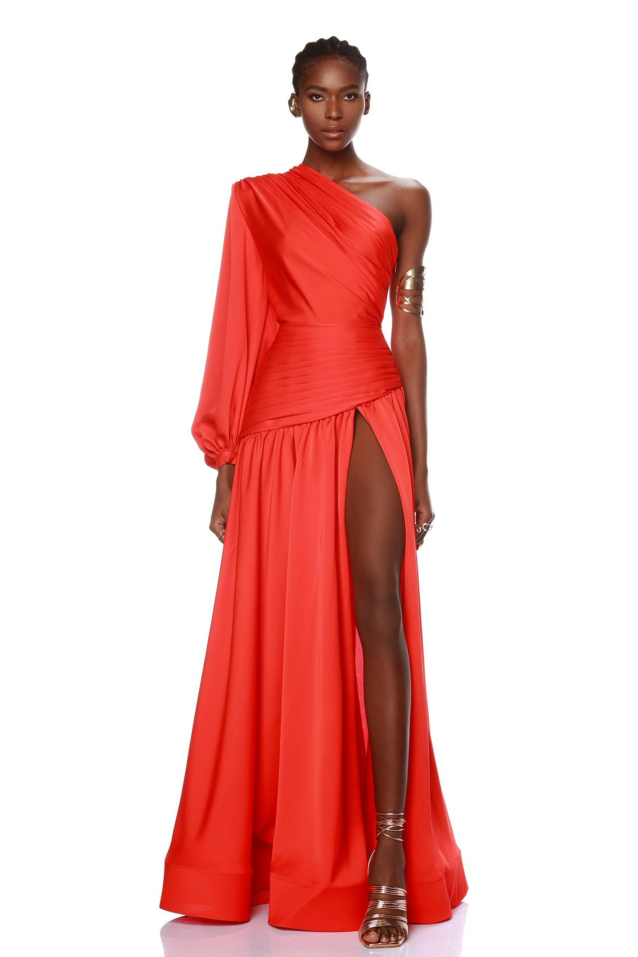 Gemma One Shoulder Long Sleeved Dress In Red