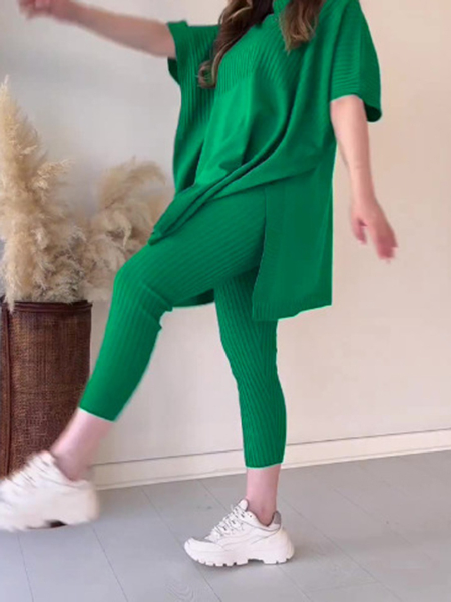 Round neck bat shirt, large size loose knitted sweater casual two-piece set