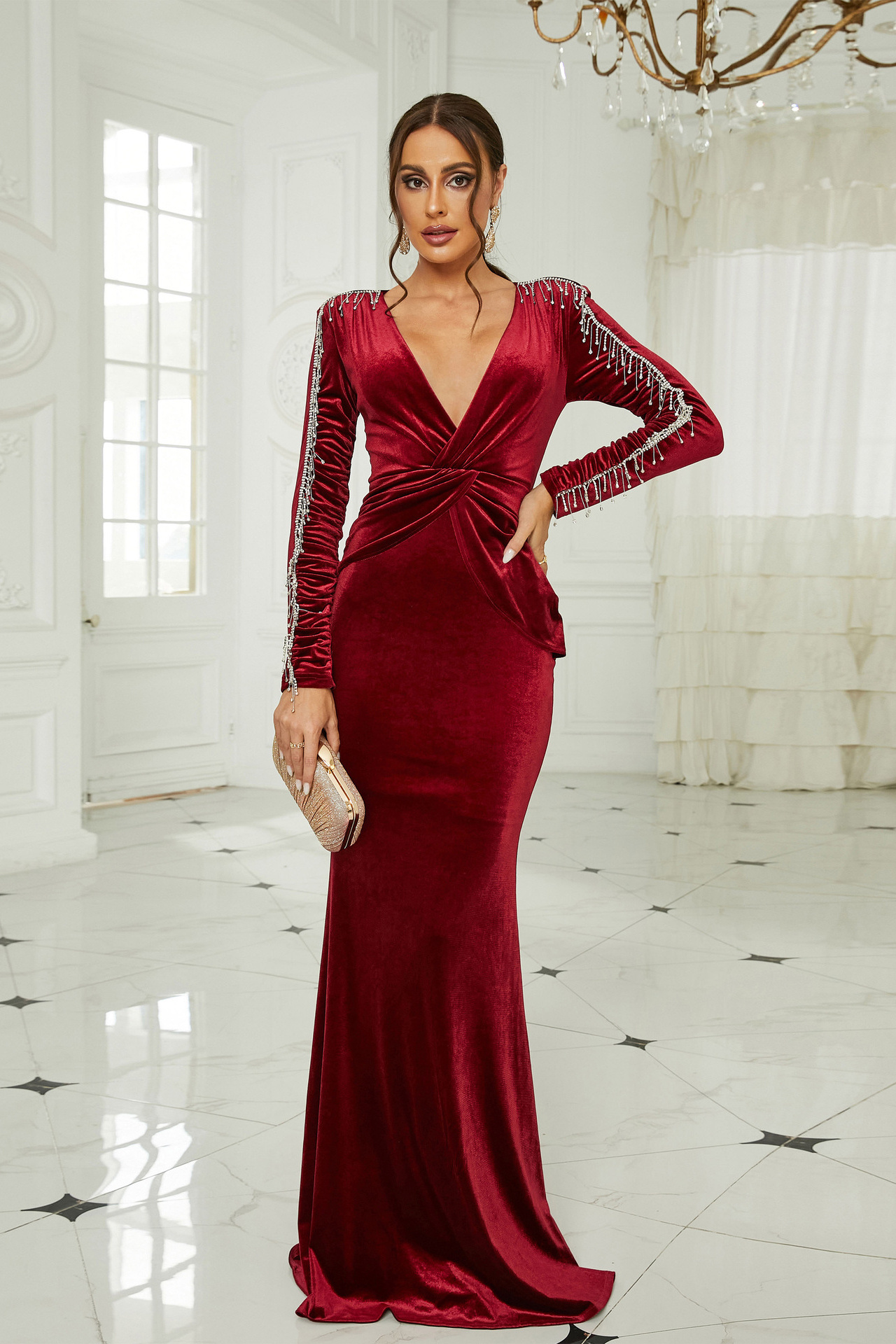 Dahlia Long Sleeved Velvet Dress In Red