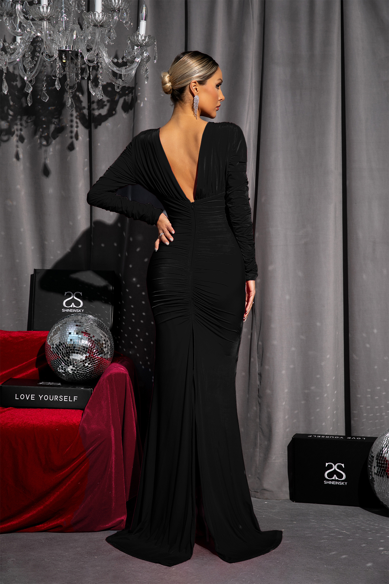 Aviana Deep V Long Sleeve Maxi Dress