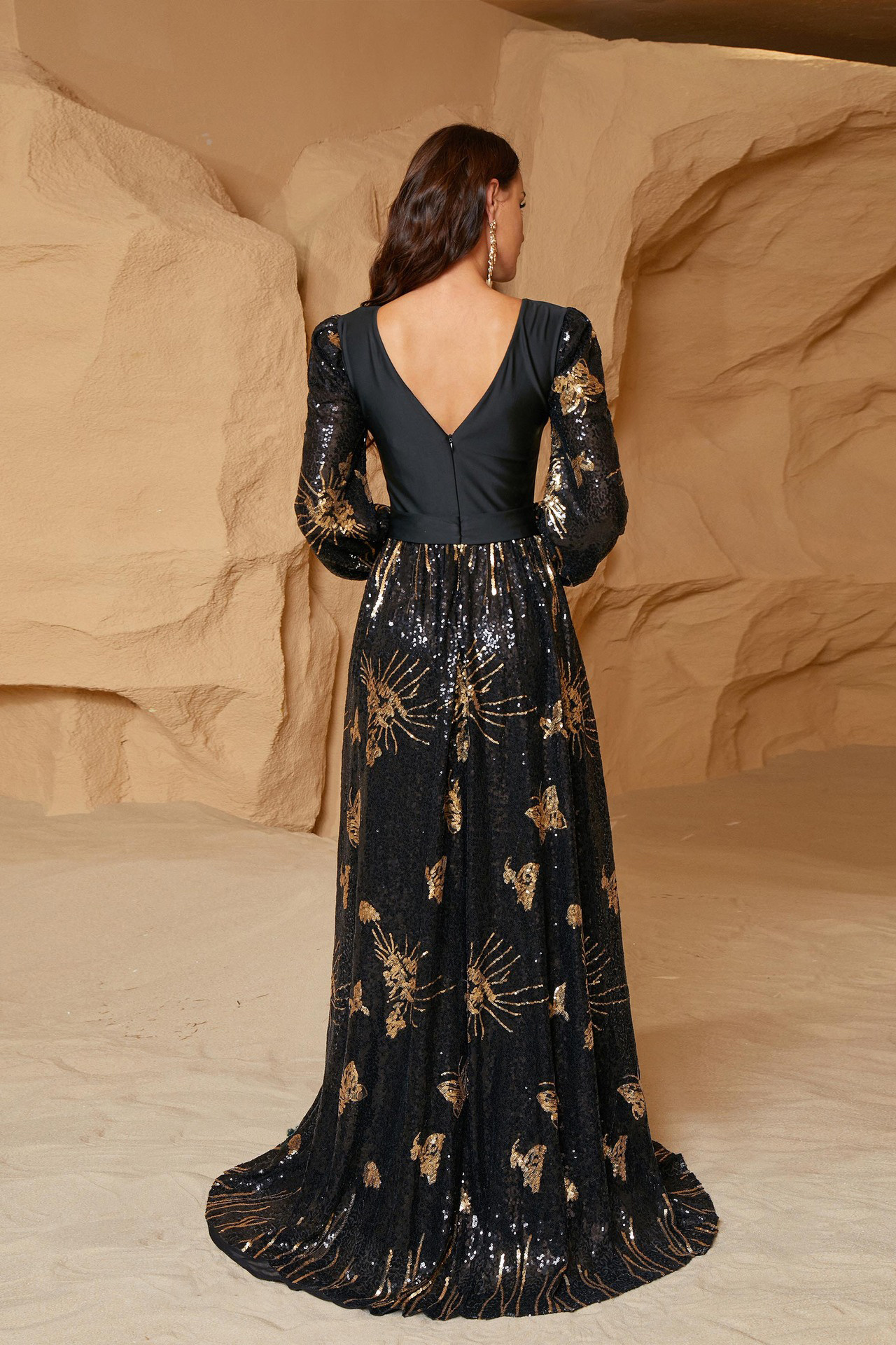 Eden Long Sleeve Sequined Dress In Black