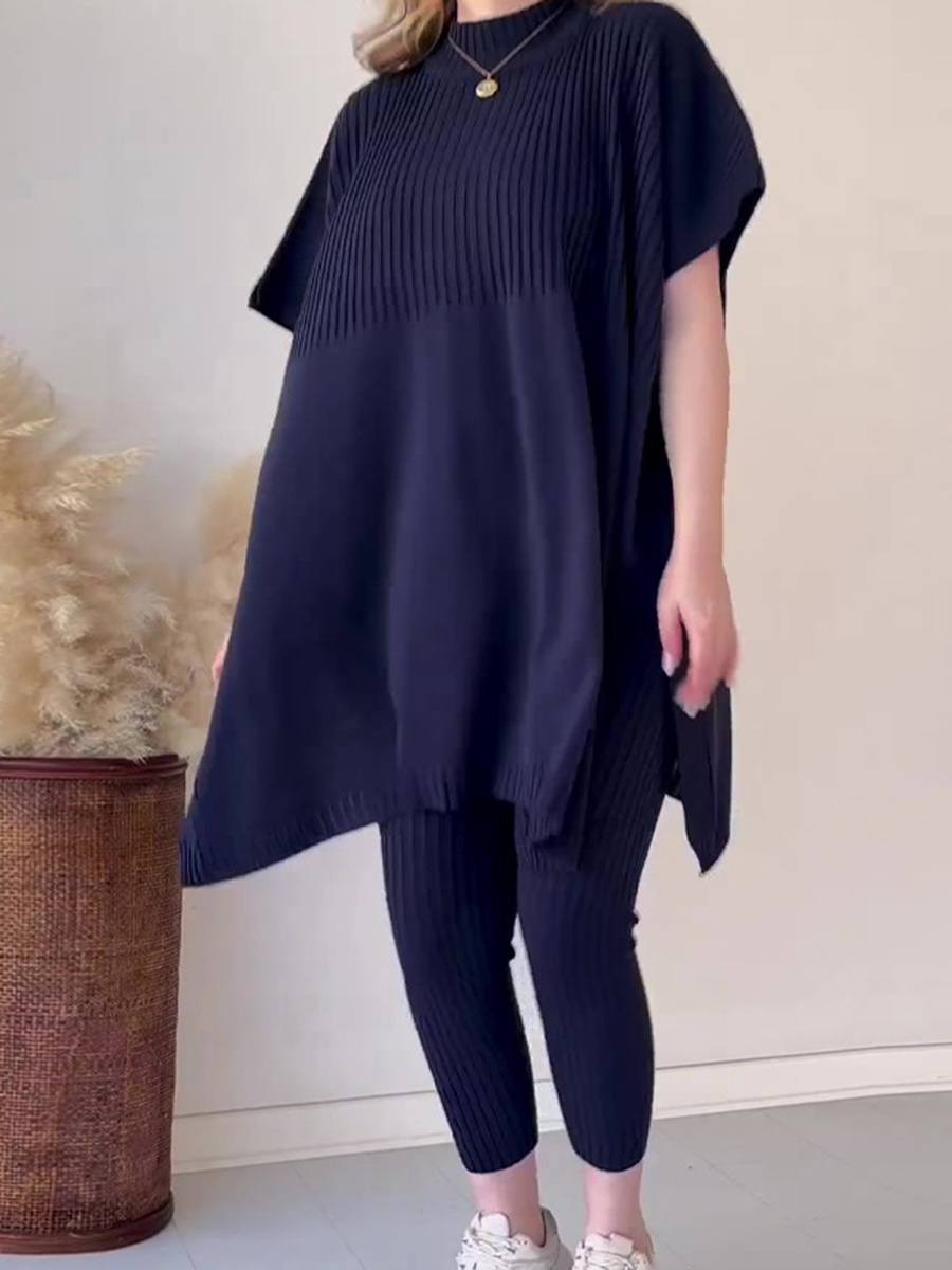 Round neck bat shirt, large size loose knitted sweater casual two-piece set