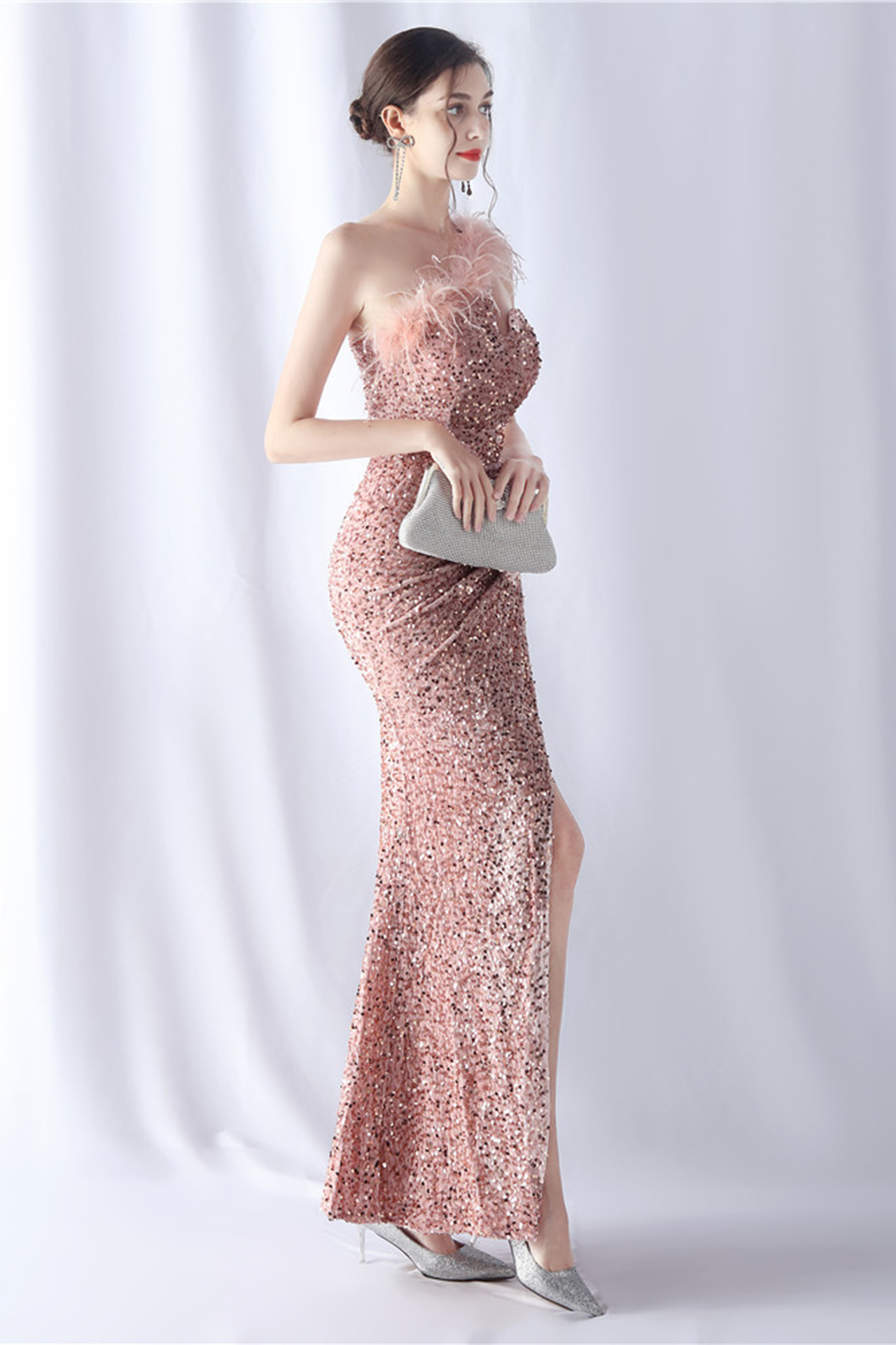 Lilith One Shoulder Feather Maxi Dress