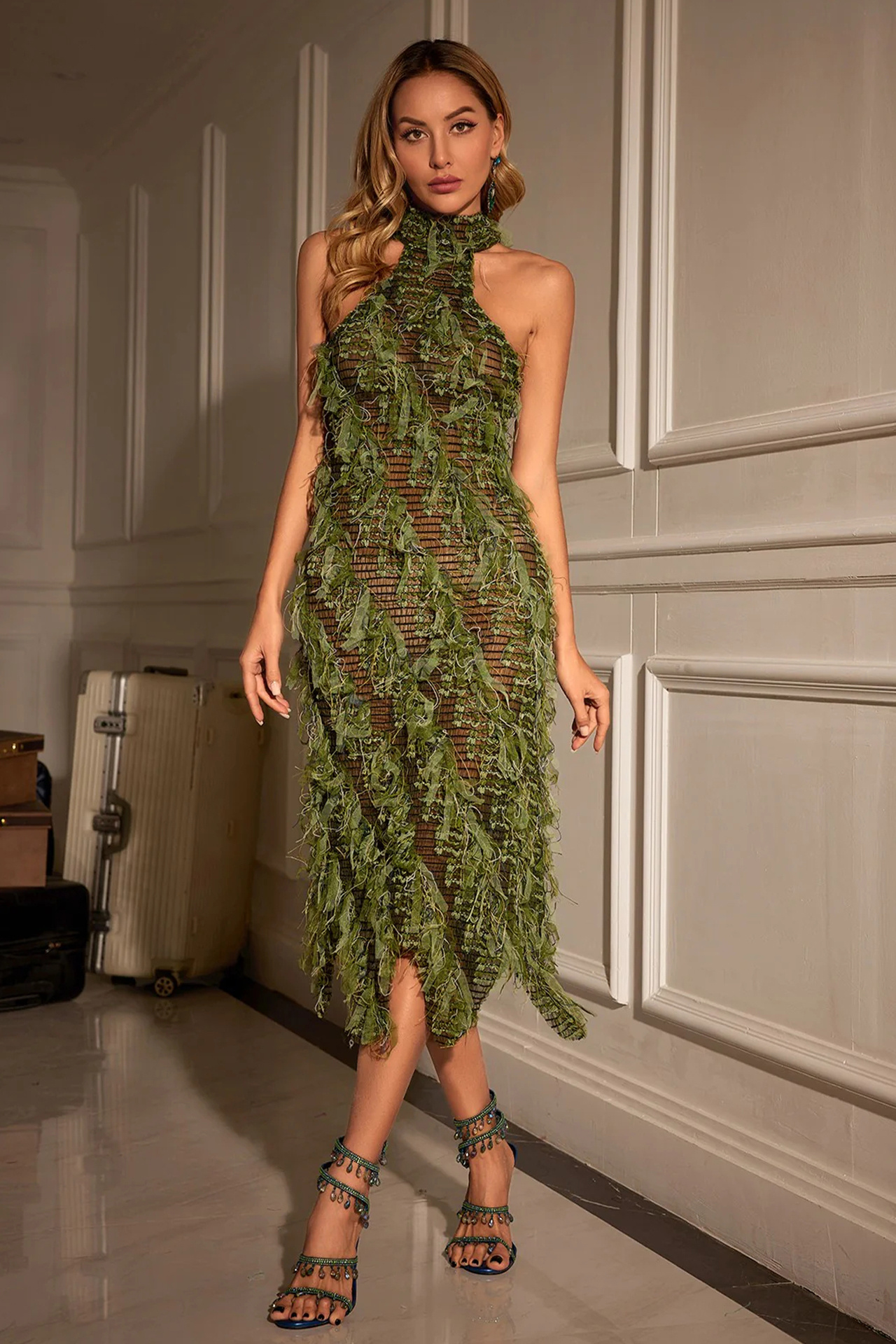 Arlo Halterneck Backless Hollow Midi Dress In Green