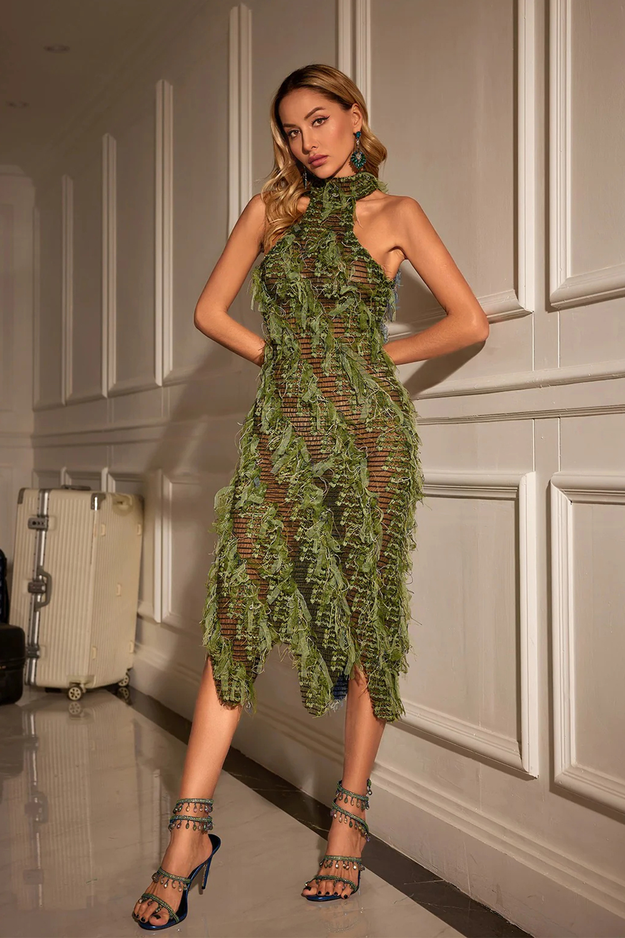 Arlo Halterneck Backless Hollow Midi Dress In Green