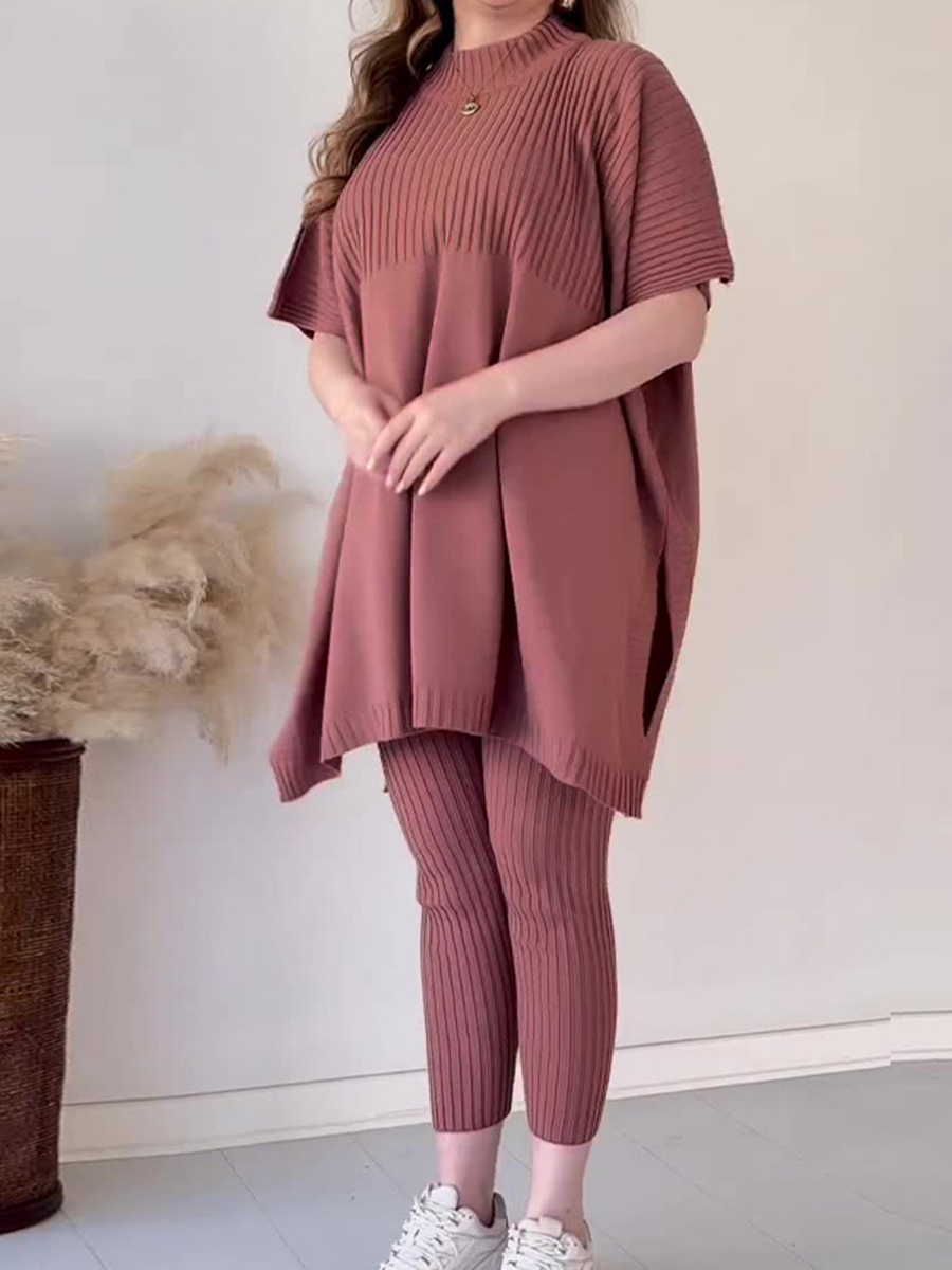 Round neck bat shirt, large size loose knitted sweater casual two-piece set