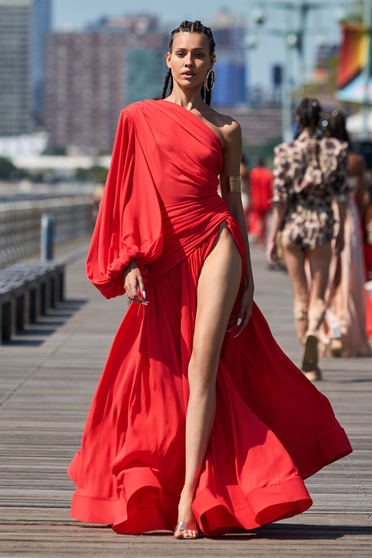 Gemma One Shoulder Long Sleeved Dress In Red