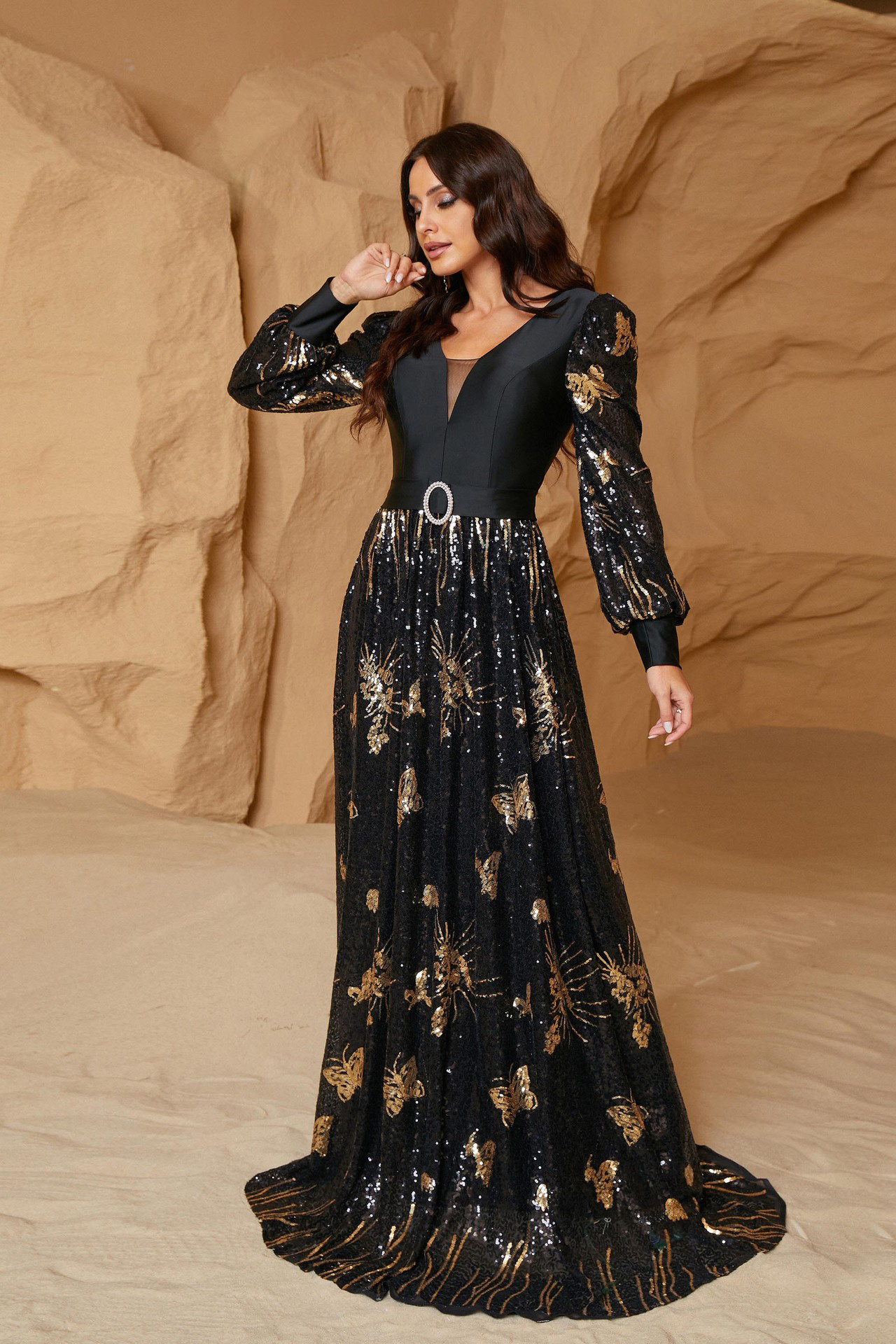Eden Long Sleeve Sequined Dress In Black