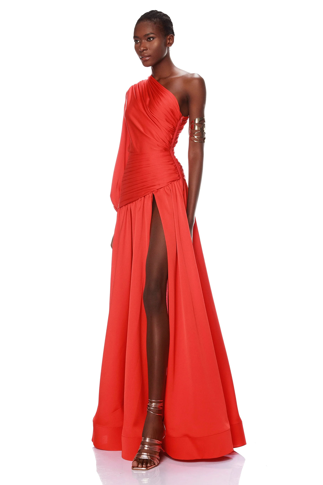 Gemma One Shoulder Long Sleeved Dress In Red