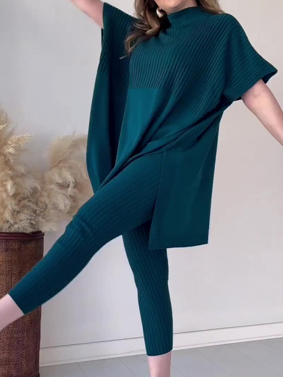 Round neck bat shirt, large size loose knitted sweater casual two-piece set
