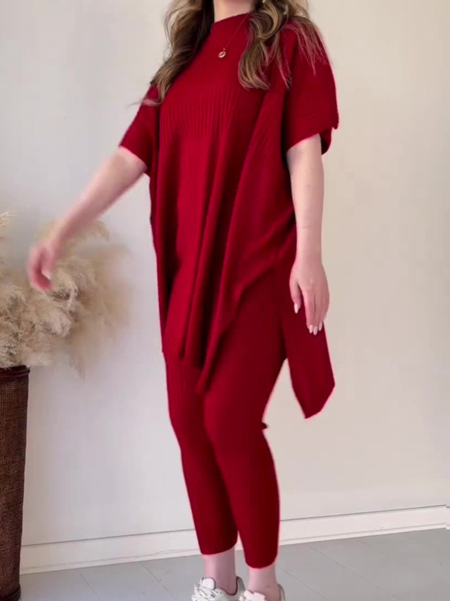 Round neck bat shirt, large size loose knitted sweater casual two-piece set