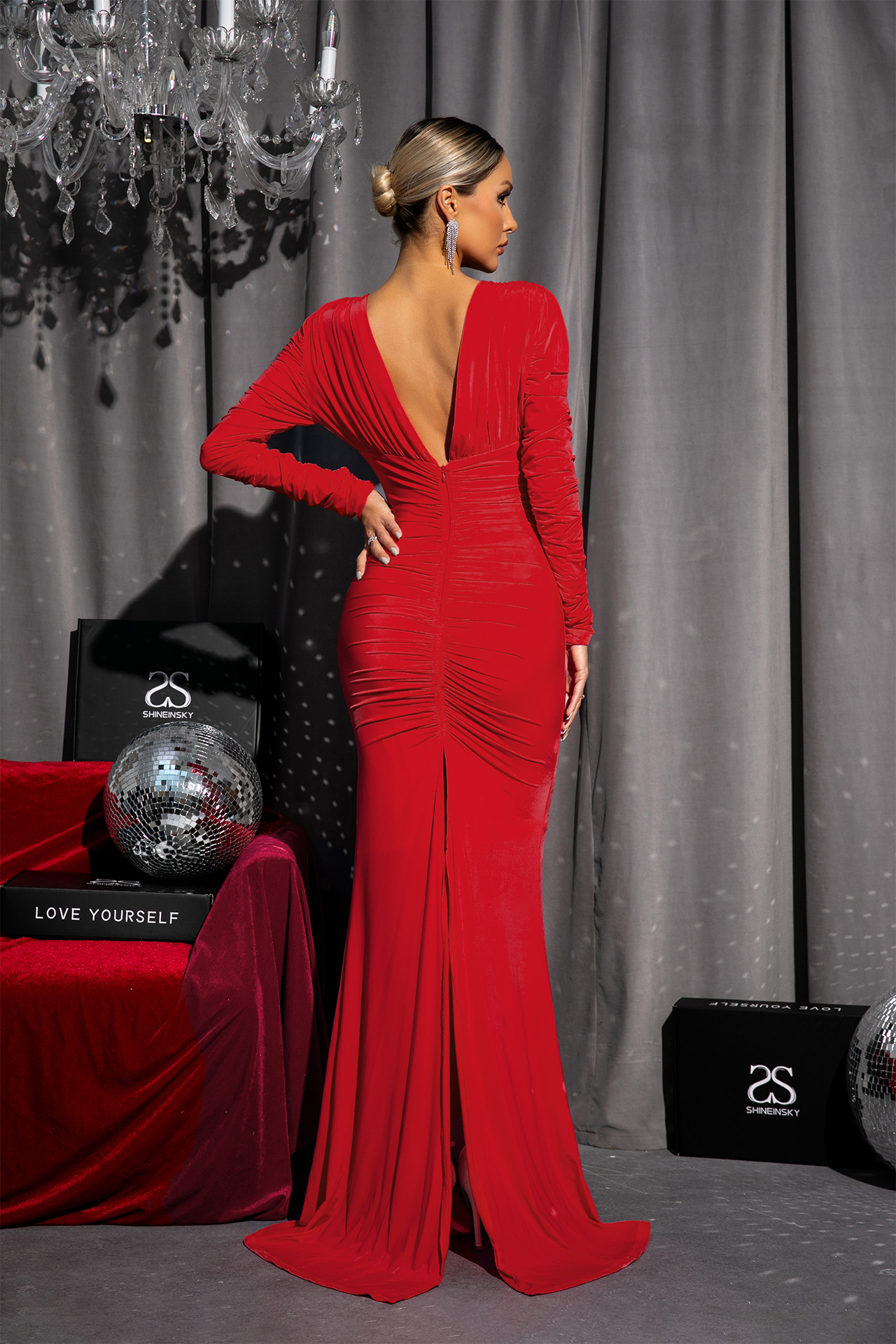 Aviana Deep V Long Sleeve Maxi Dress